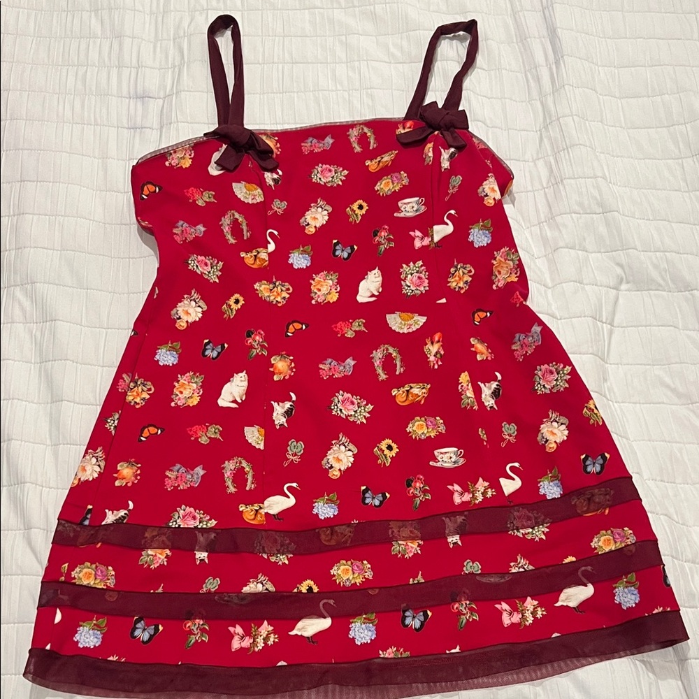 Kimchi Blue Vibrant Red Dress with Floral and Animal Patterns